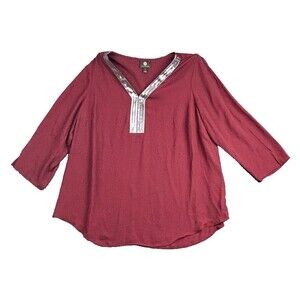 JM Collection Women 1X Burgundy Blouse Sequin Trim V Neck 3/4 Sleeve Top
